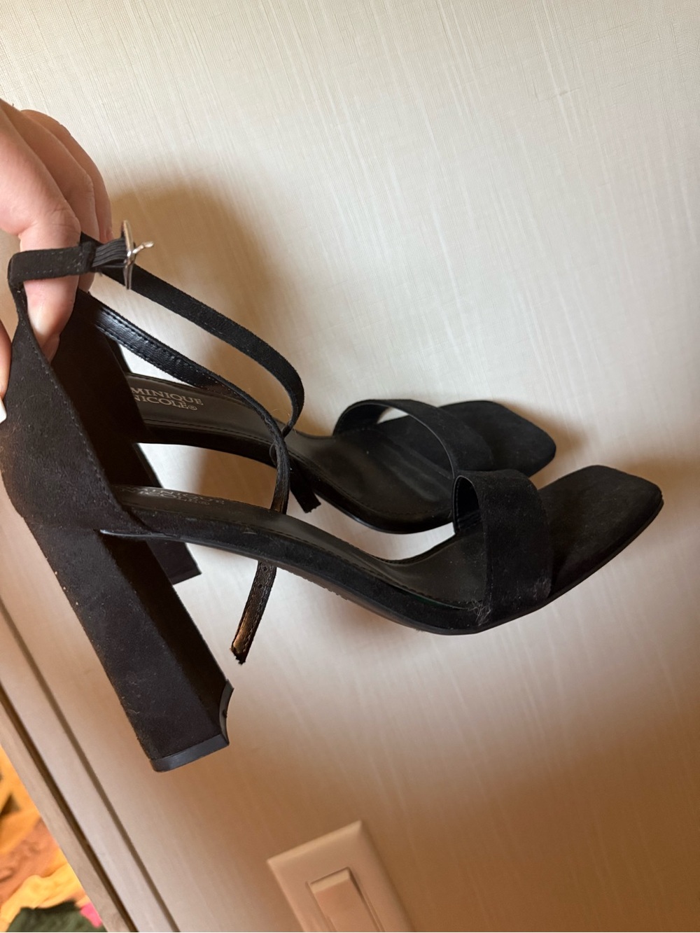 Dominique Black Suede Block Heel Sandals with Ankle Strap
